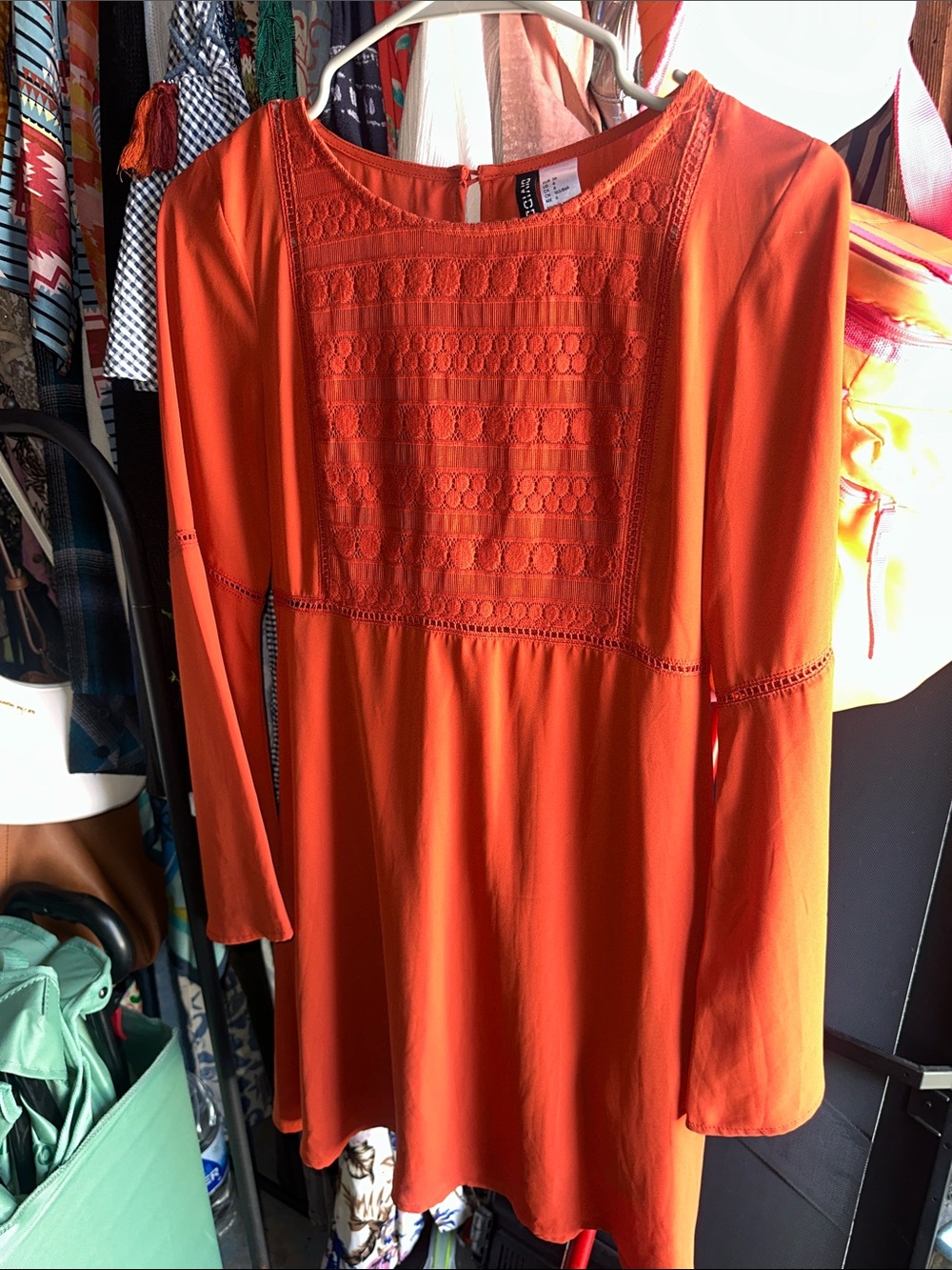 Divided Orange Crochet Yoke Long Sleeve Dress